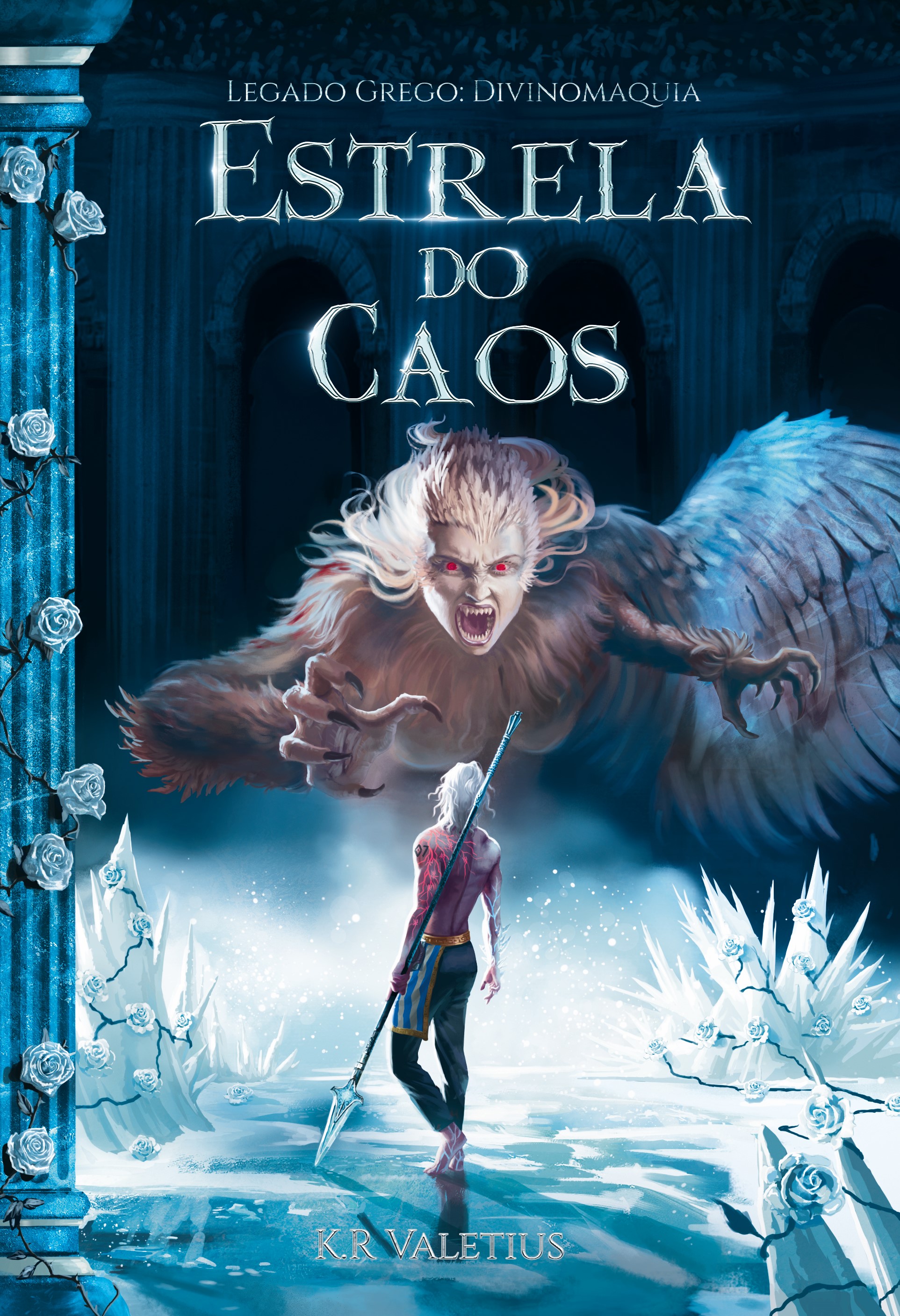 Capa de Estrela do Caos: um semideus de lanca diante de uma criatura alada, entre colunas gregas e rosas de gelo